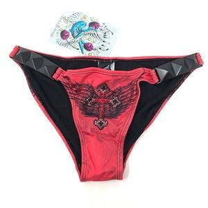 Sinful by Affliction Femme Fatale Red Black Swimsuit Bikini Bottom Size Small